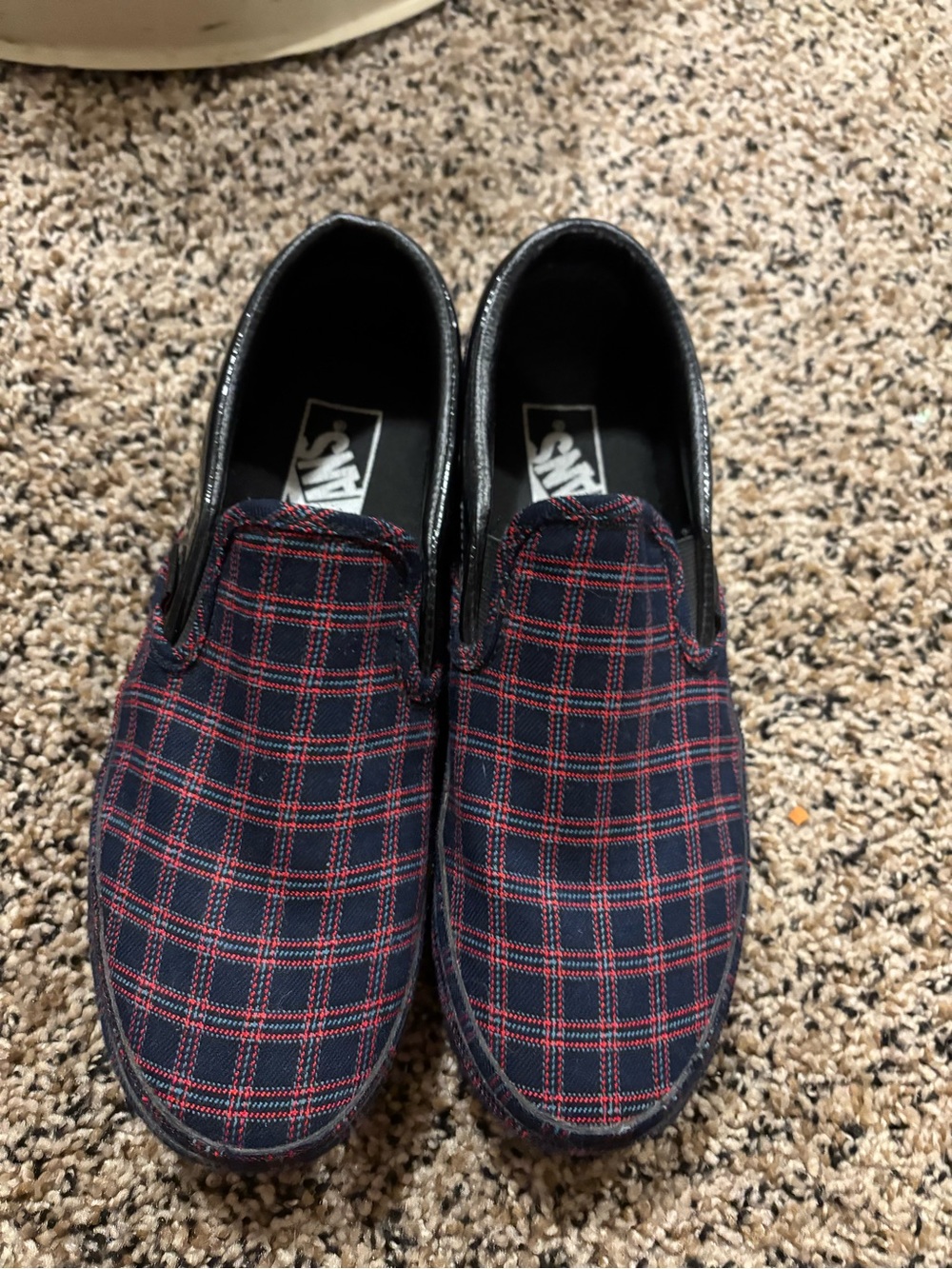 Vans Navy and Red Plaid Slip-On Loafers